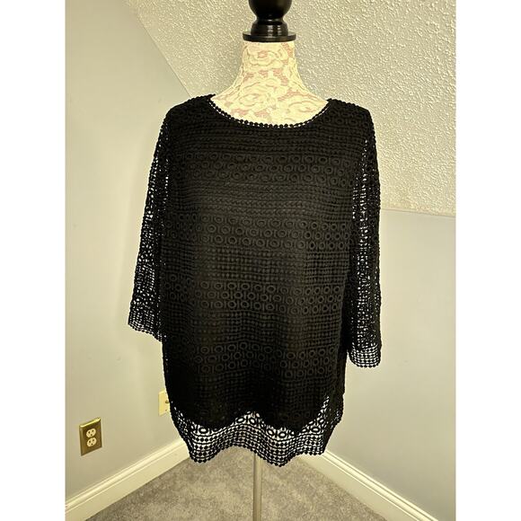 Talbots Black 3/4 Sleeve Scoop Neck Lace Overlay Top Size 1X READ - Picture 1 of 11